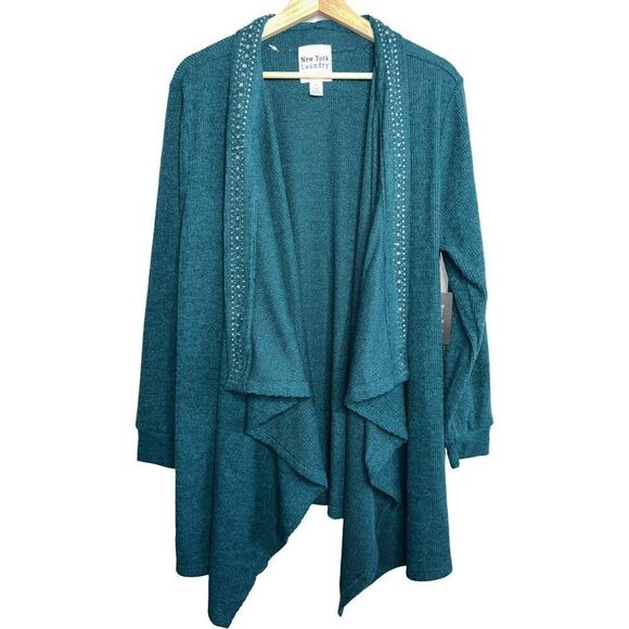 New York Laundry Women’s Teal Blue Waterfall Cardigan Sweater Rhinestones Long S - Picture 1 of 3